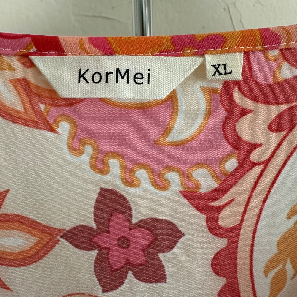 KorMei Pink Orange Floral Paisley Smocked Waist Boho Maxi Dress Womens XL V-Neck - Picture 5 of 8